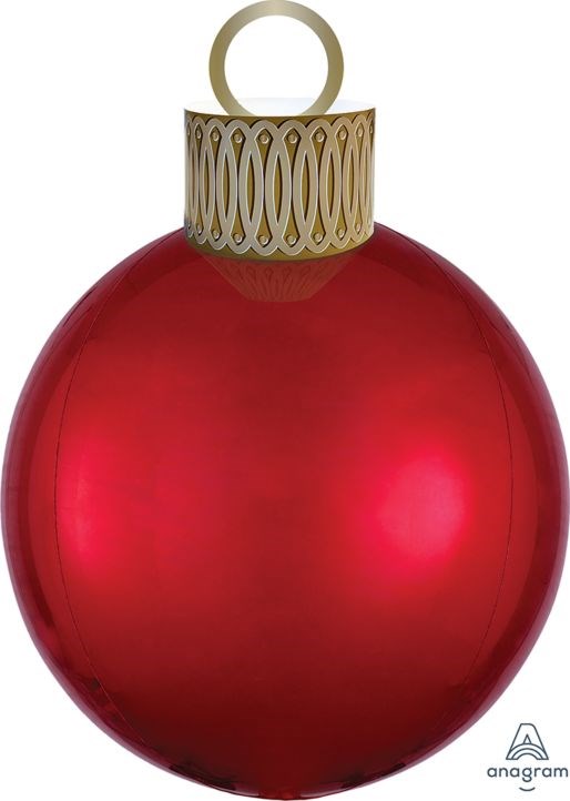 Glossy red spherical balloon with gold decorative top and hanging loop.