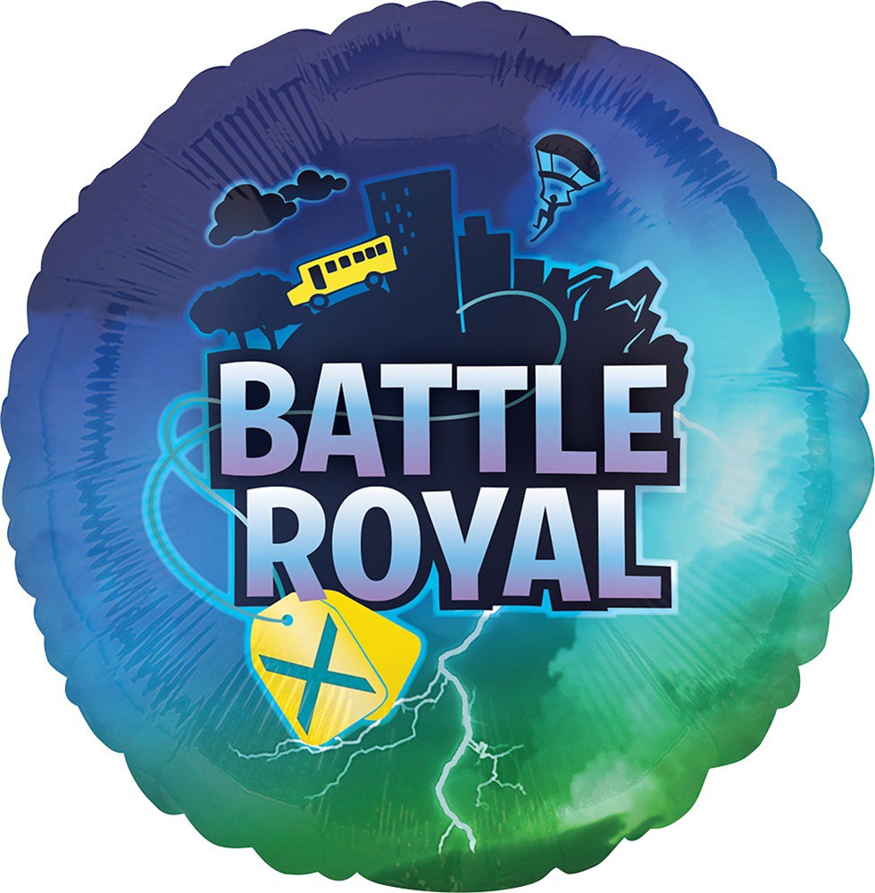 Round foil balloon with blue and green gradient background, featuring “Battle Royal” text and video game-themed icons.