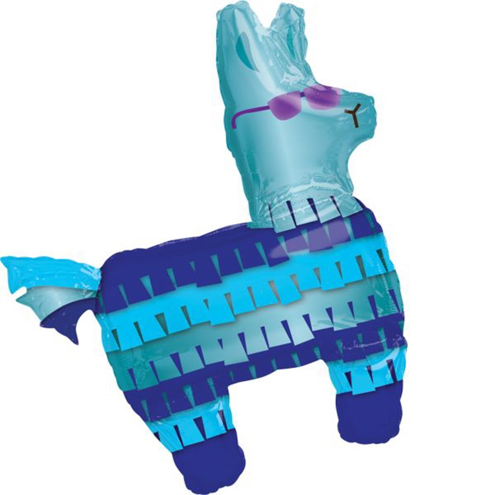 Blue and teal foil balloon shaped like a llama with purple sunglasses and layered fringe detailing.