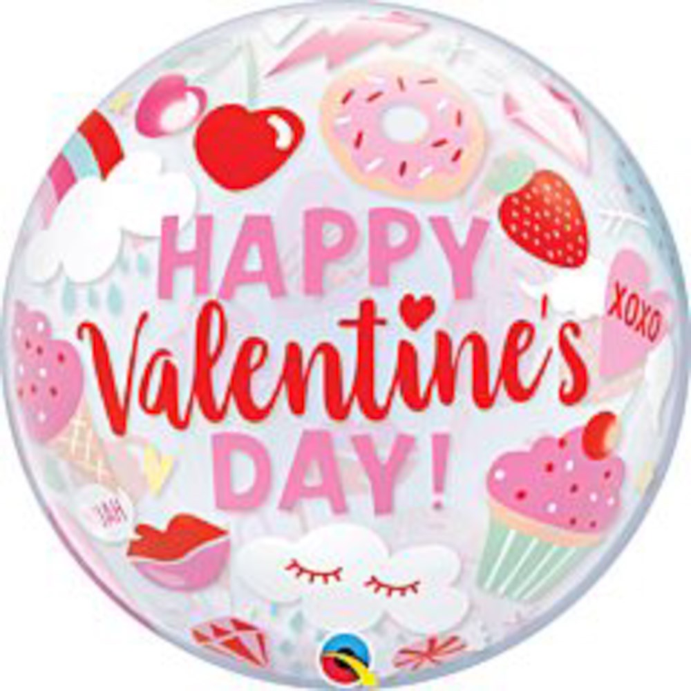 22-inch round balloon with pastel pink "Happy Valentine's Day!" text, decorated with hearts, cupcakes, donuts, and lips in.