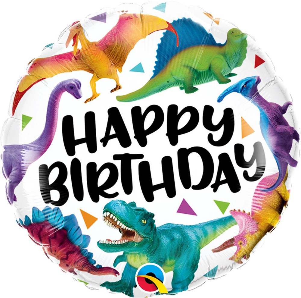 Round white foil balloon with colorful dinosaurs around bold black "Happy Birthday" text.