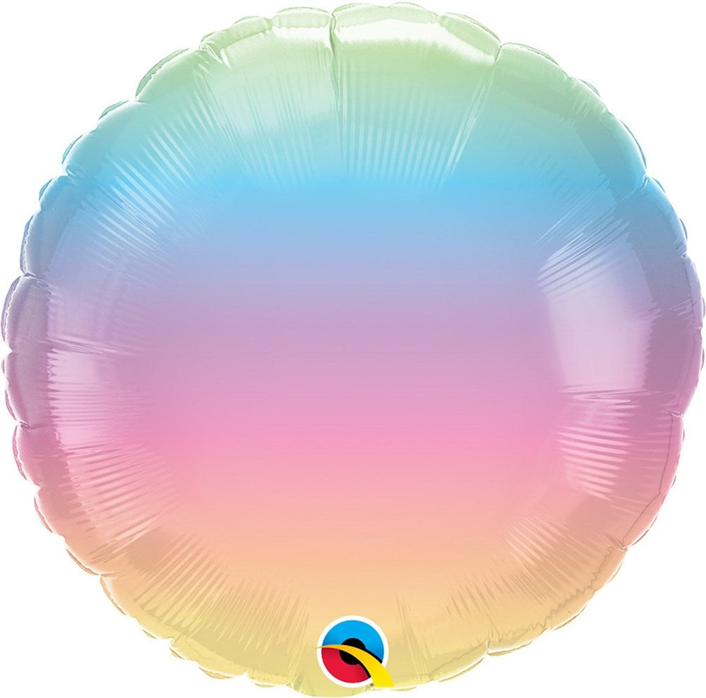 Round foil balloon with 18-inch diameter featuring a soft pastel ombre gradient from yellow to pink, blue, and green.