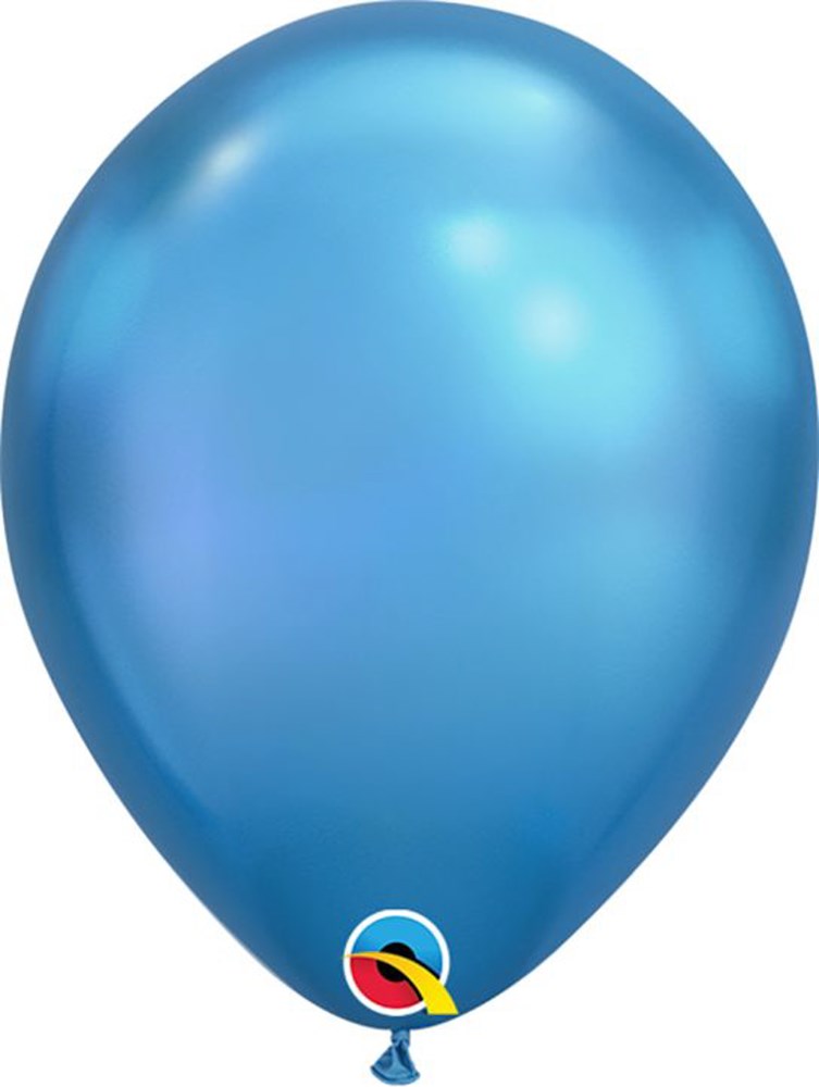 Shiny chrome blue latex balloon, round shape, 7 inches inflated size, smooth surface.