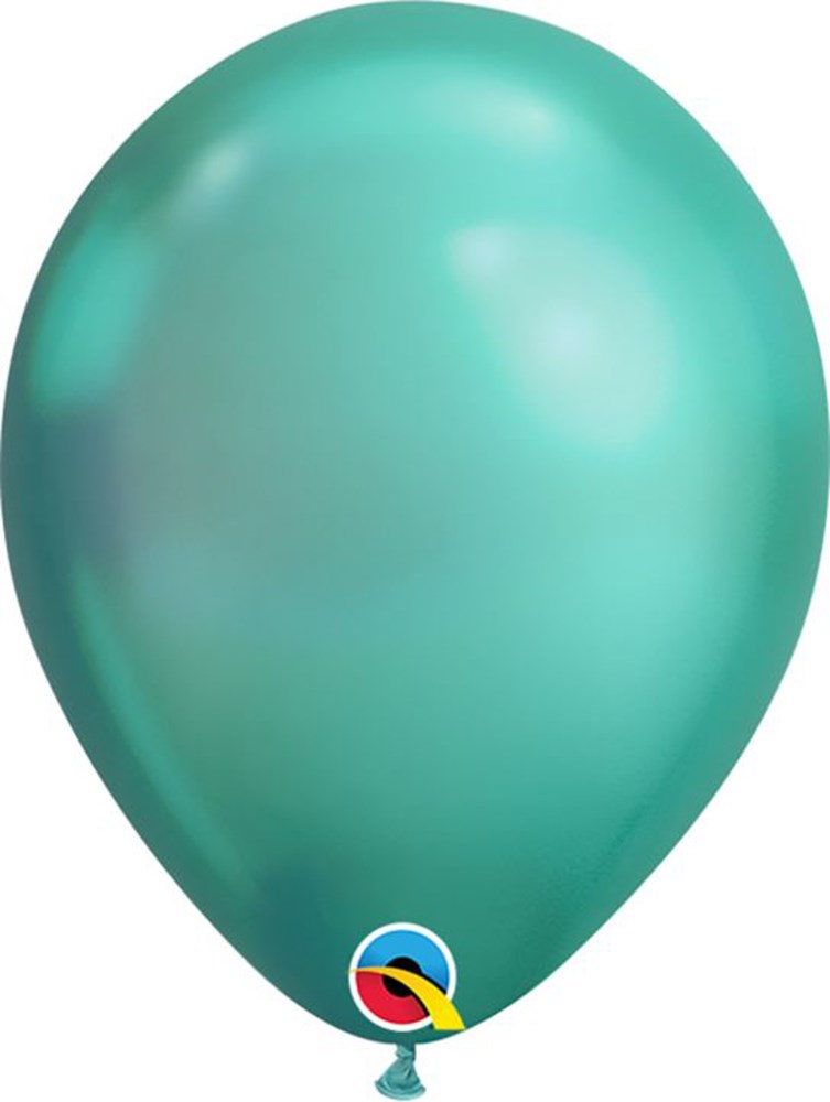 Shiny chrome green latex balloon with smooth surface and teardrop shape.