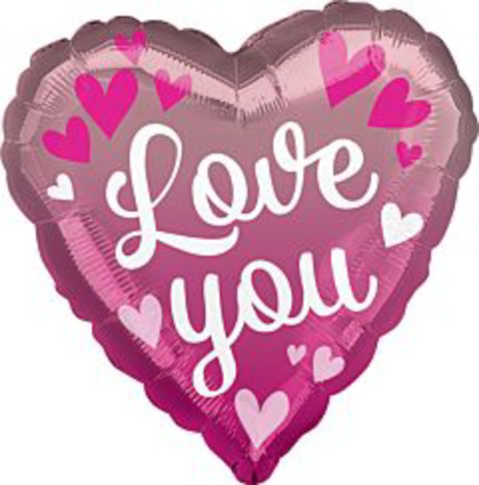 Heart-shaped pink ombre foil balloon with white "Love You" text and scattered pink hearts.