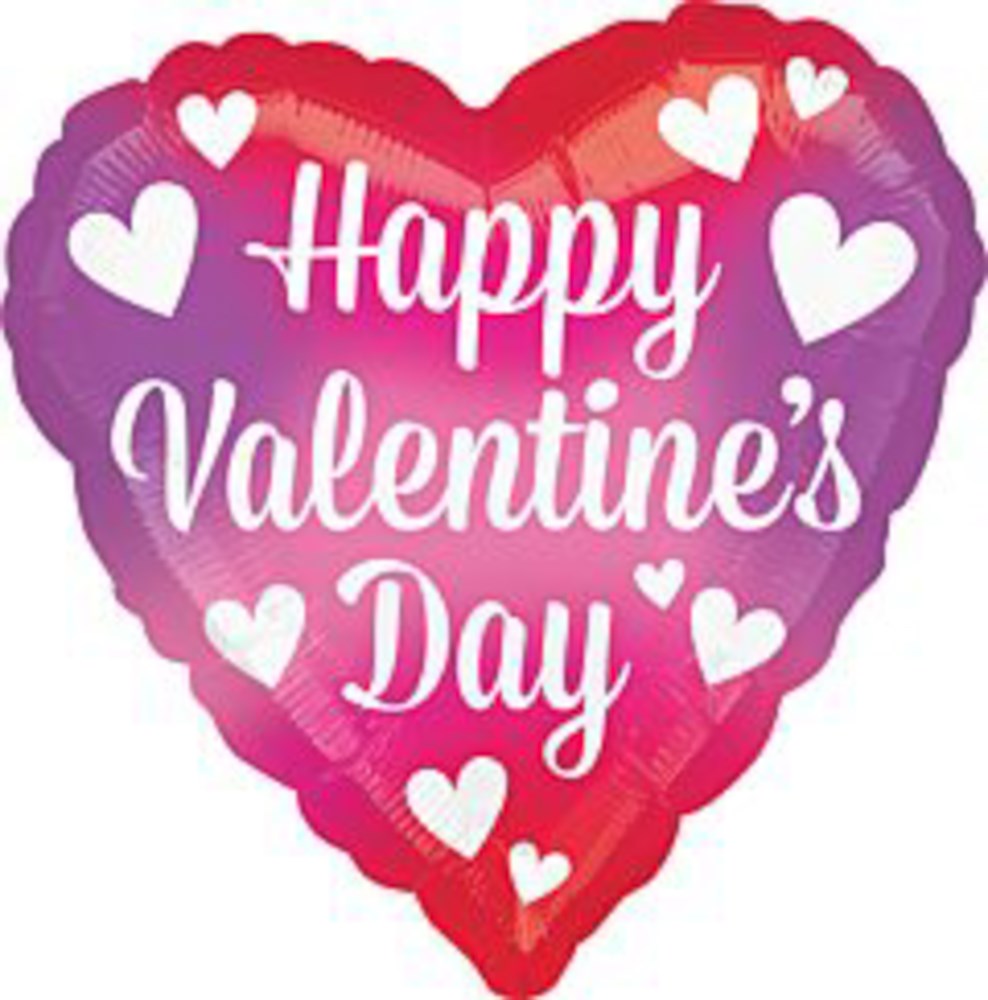 Heart-shaped foil balloon in red and purple gradient with white hearts and "Happy Valentine's Day" text.