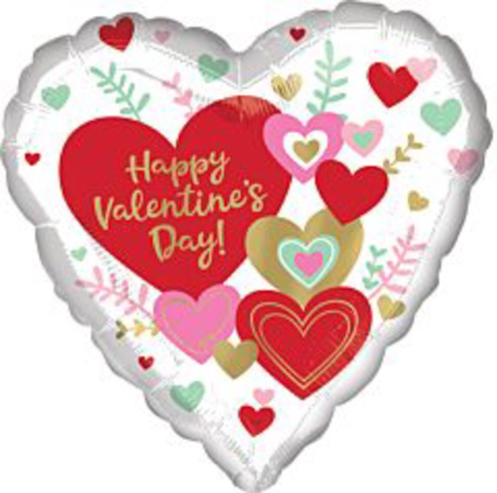 White heart-shaped foil balloon with colorful hearts and gold script saying Happy Valentine’s Day.
