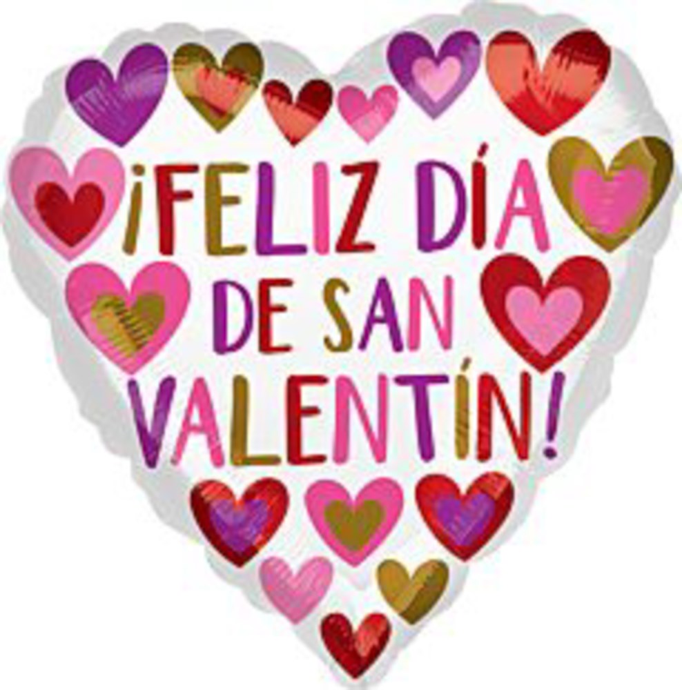 Heart-shaped foil balloon with colorful hearts and "¡Feliz Día de San Valentín!" text in red, pink, and gold.