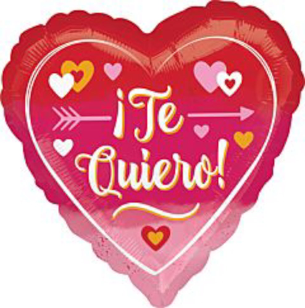 Red and pink ombre heart-shaped foil balloon with yellow and white "¡Te Quiero!" text and colorful heart accents.