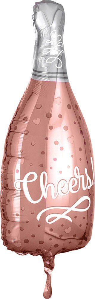 Rose gold foil balloon shaped like a sparkling champagne bottle with "Cheers" text, 26 inches tall.