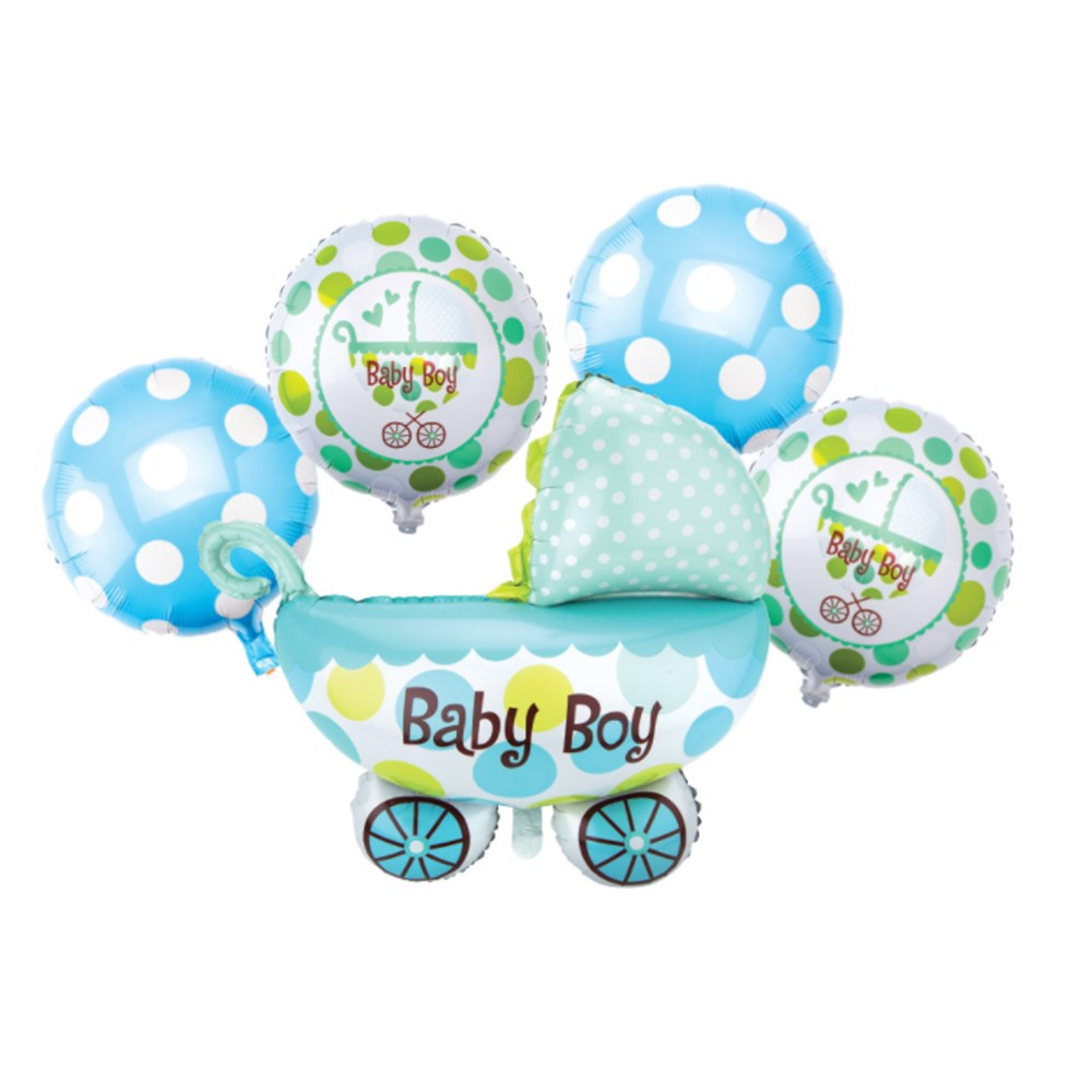 Blue and white polka dot and green patterned foil balloons with baby stroller-shaped balloon reading "Baby Boy".