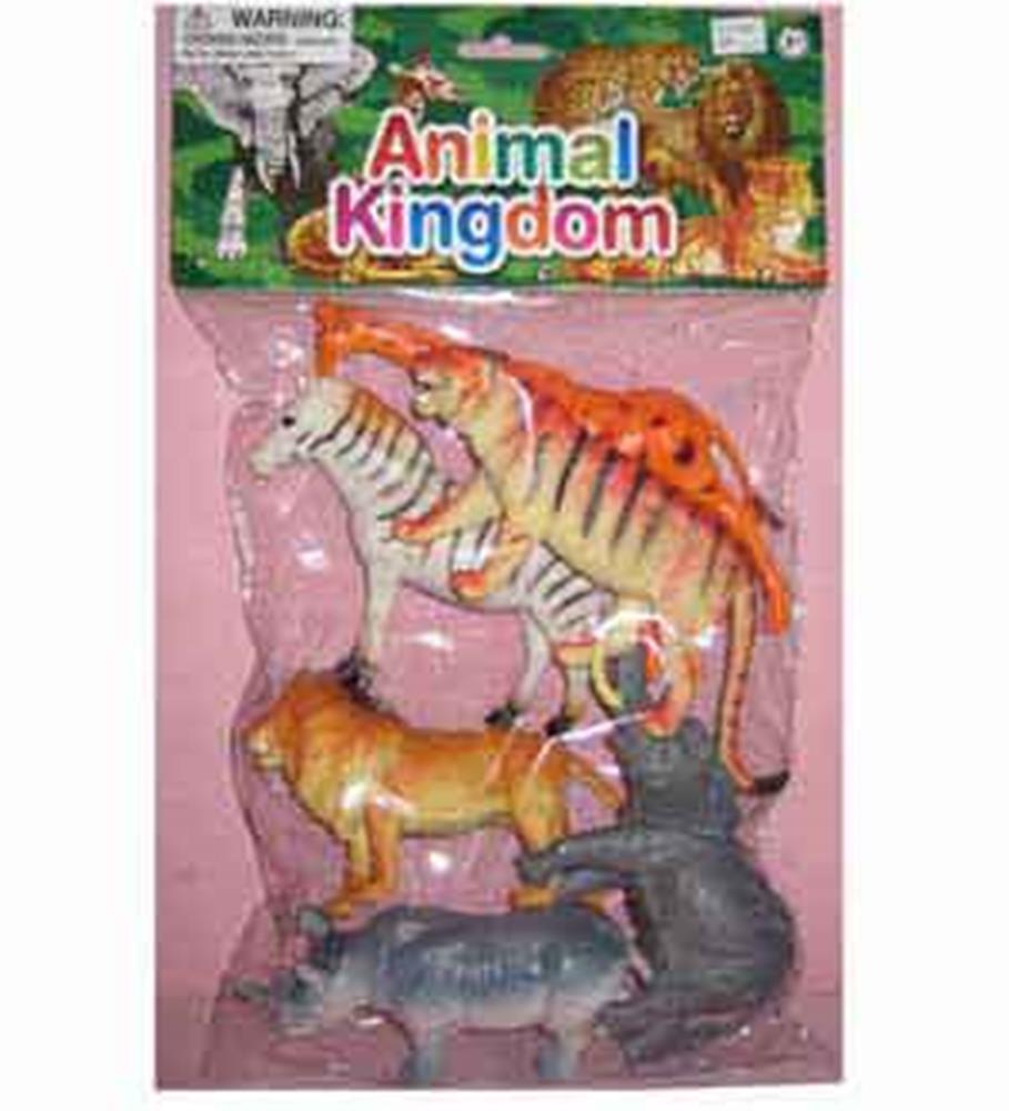 Set of six plastic jungle animal toys including zebra, tiger, lion, rhinoceros, hippopotamus, and gorilla in assorted.
