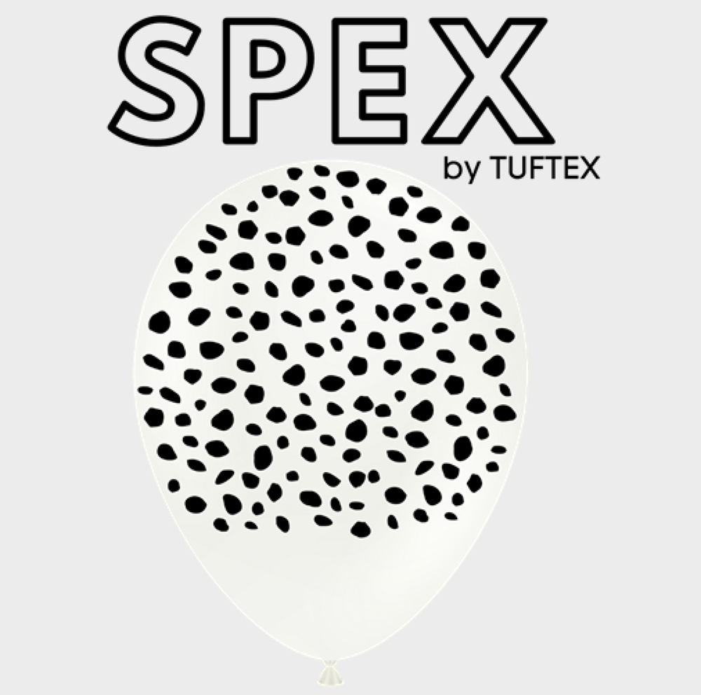 White 11-inch latex balloon with scattered black irregular dot pattern design.