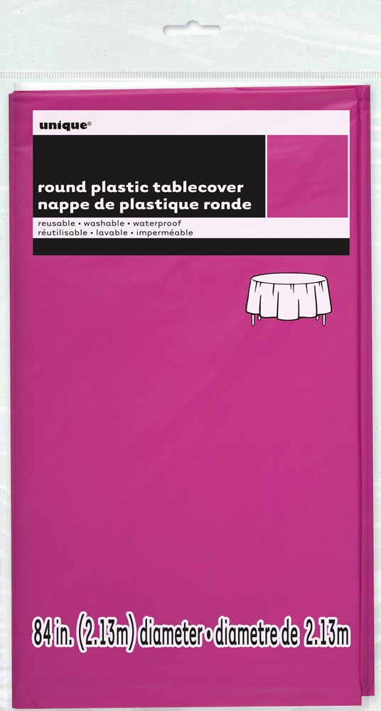 Bright neon pink round plastic tablecover with 84-inch diameter in sealed packaging.