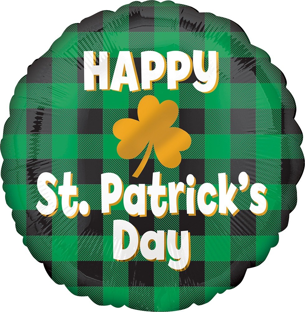 Round foil balloon with green and black plaid background, gold shamrock, and white text reading Happy St. Patrick’s Day.