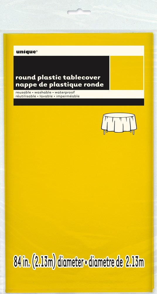 Neon yellow round plastic table cover with 84-inch diameter, packaged flat with product label.
