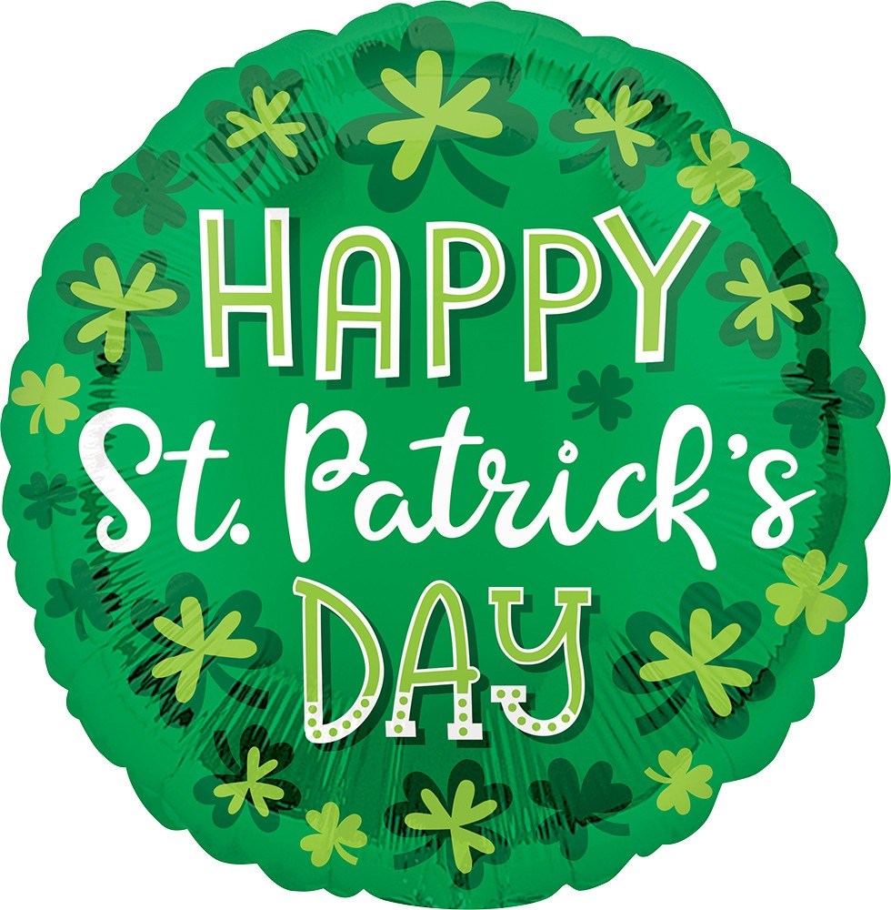 Round green foil balloon with "Happy St. Patrick's Day" text and scattered shamrocks design.