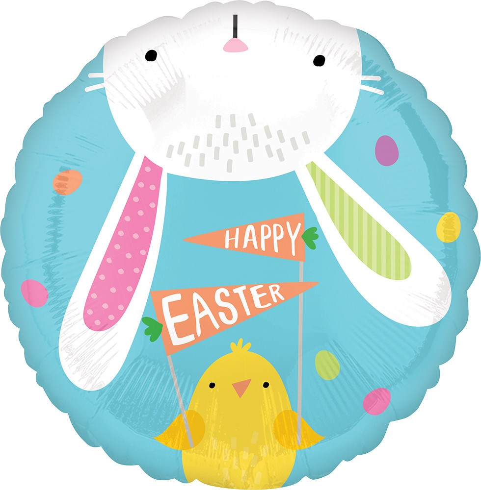 Round blue foil balloon featuring a white bunny head with pink and green ears and a yellow chick holding “Happy Easter”.