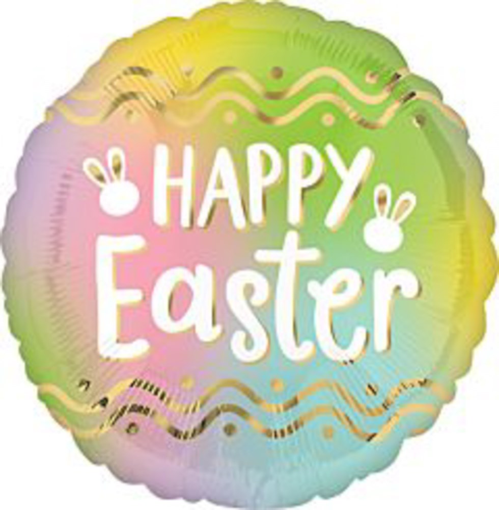 Round foil balloon with pastel green, pink, yellow, and blue ombre background, white "Happy Easter" text, and small bunny.