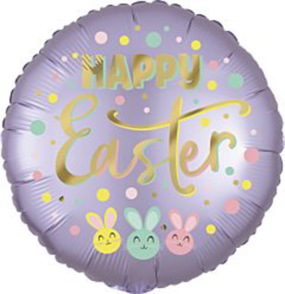Round purple foil balloon with gold "Happy Easter" text and three pastel bunny faces at the bottom.