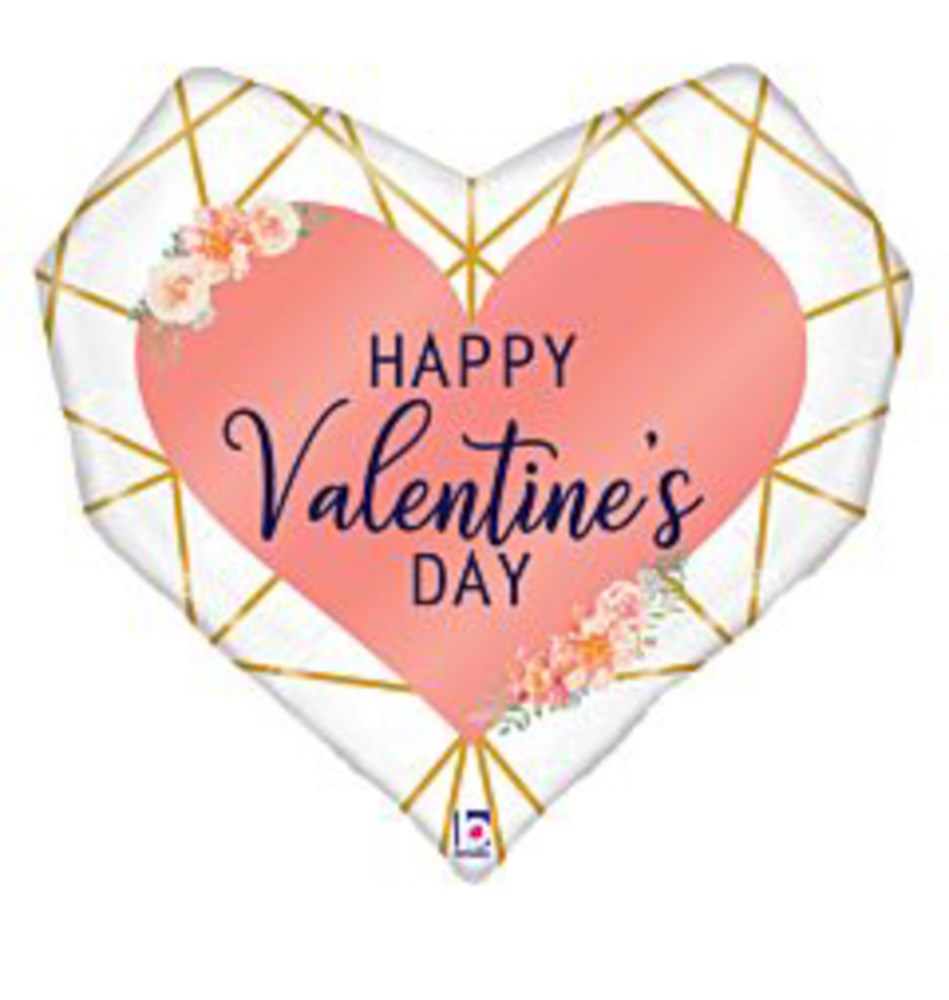 Heart-shaped foil balloon with gold geometric lines, pink center, floral accents, and "Happy Valentine's Day" text.