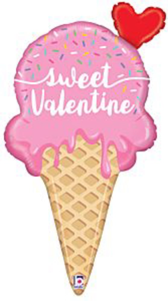 35-inch pink ice cream cone foil balloon with colorful sprinkles and a small red heart balloon attached.