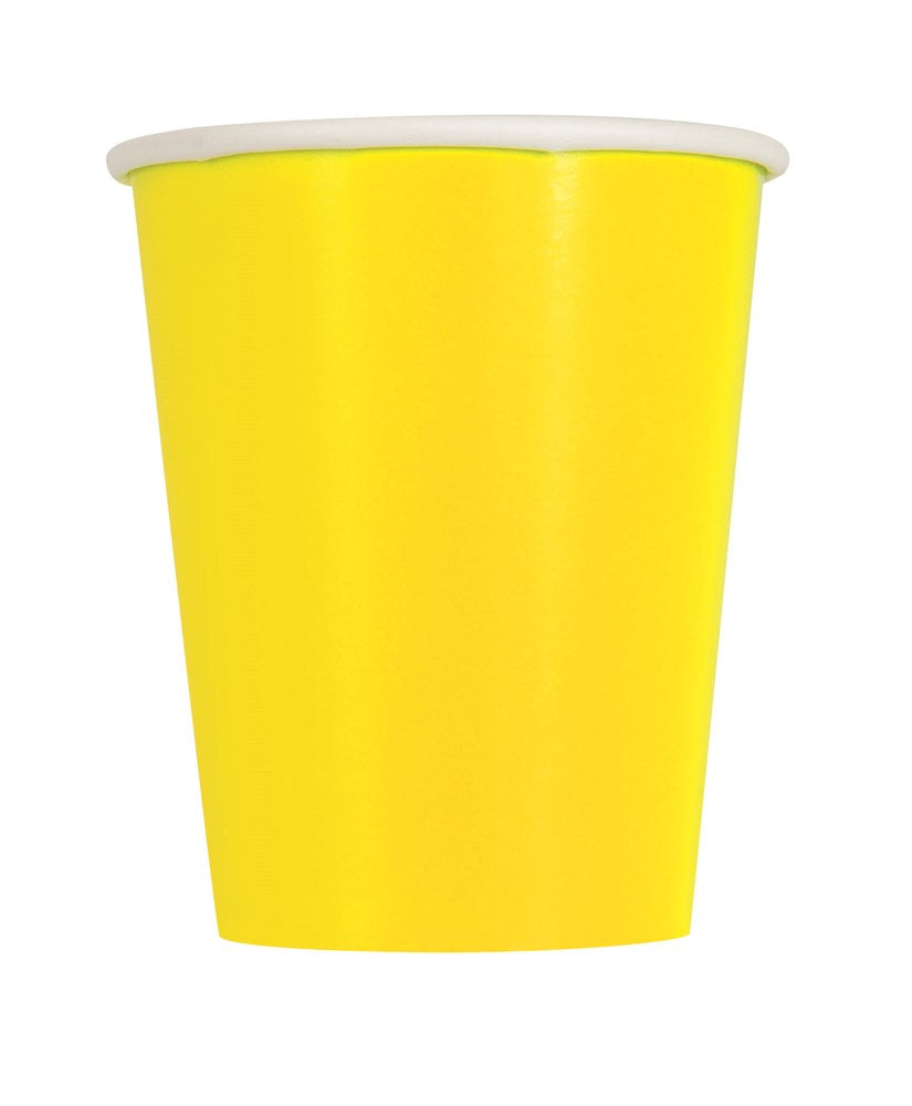 Bright neon yellow disposable paper cup with a white rim, 12-ounce capacity.