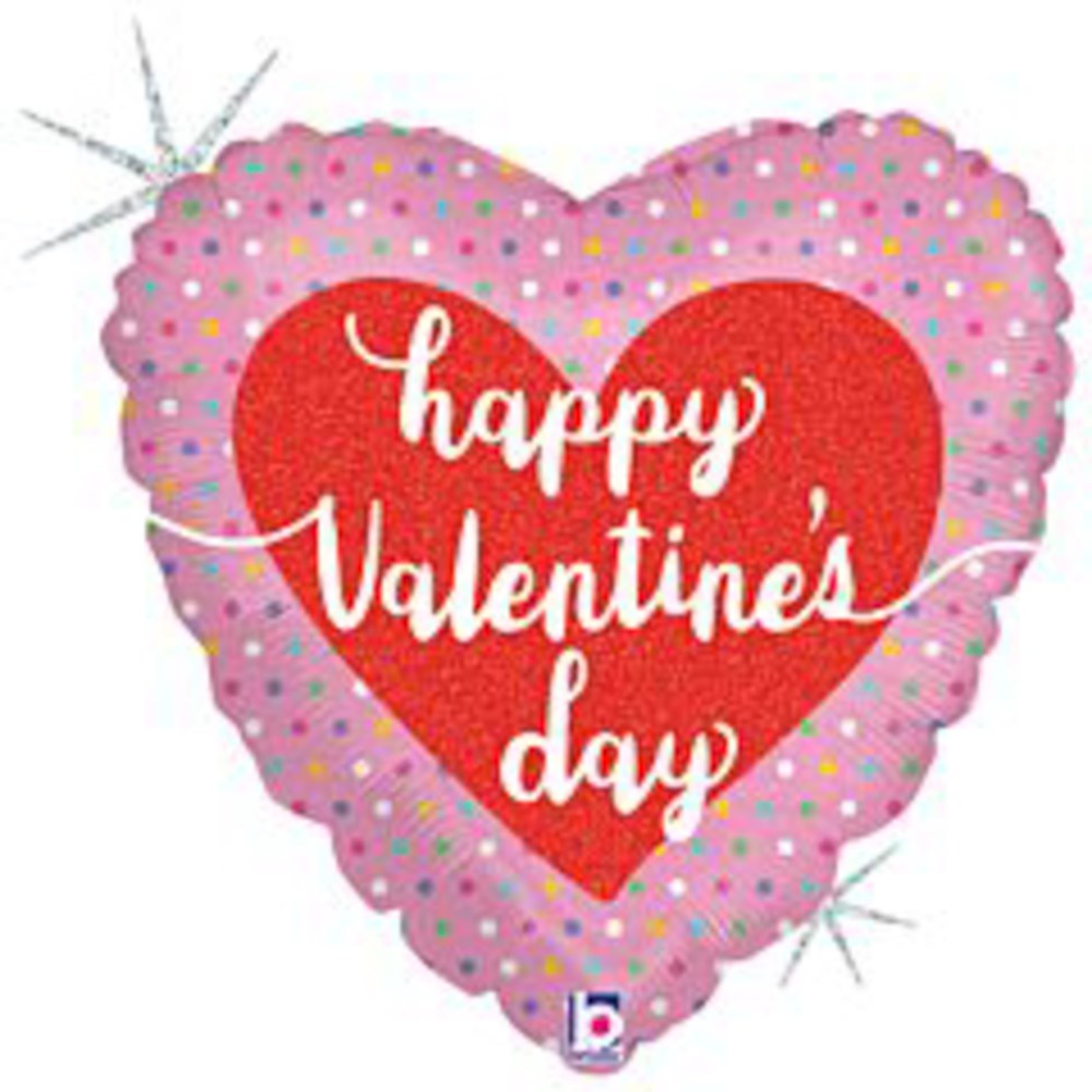 Heart-shaped pink foil balloon with pastel polka dots and red center reading "happy Valentine's day" in white script.