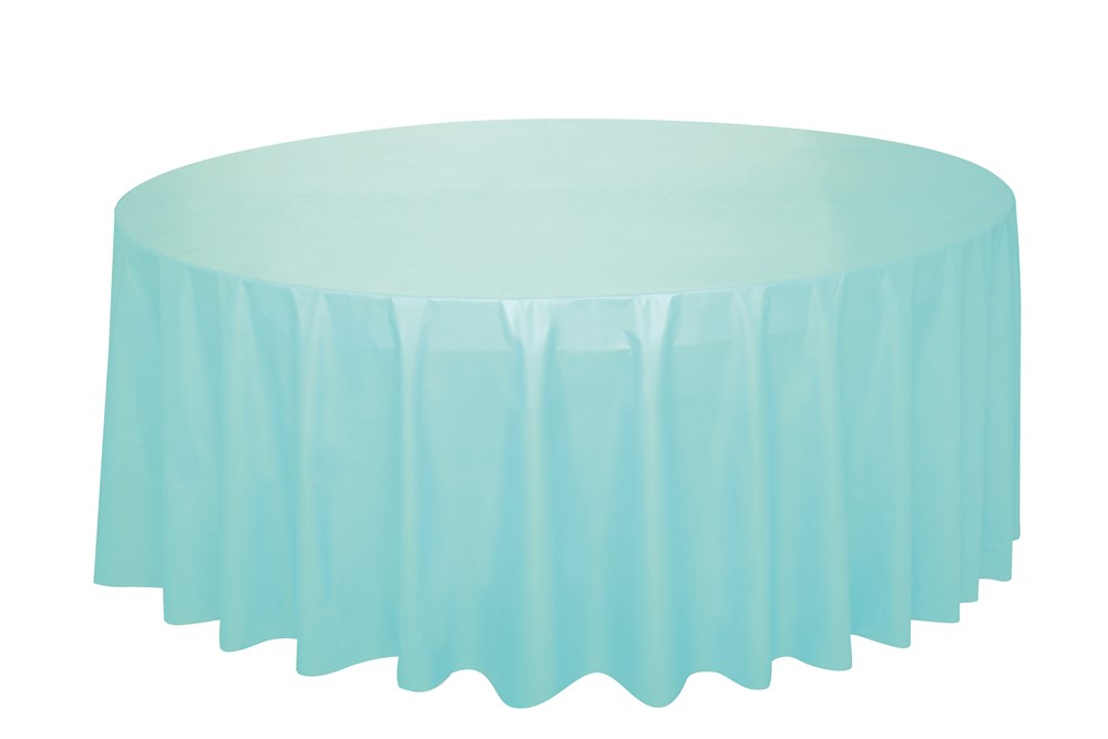 Mint green round plastic table cover, 84 inches diameter, smooth with slight sheen.
