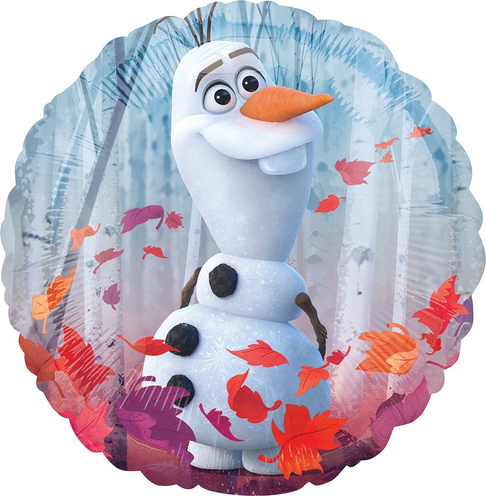 Round foil balloon featuring Olaf the snowman from Frozen 2 with orange and red leaves on a blue winter forest background.