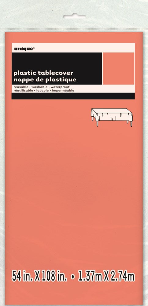 Coral plastic tablecover measuring 54 by 108 inches with smooth, matte finish.