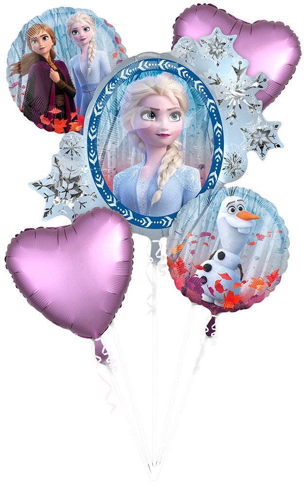 Frozen 2 balloon bouquet with large Elsa, Anna, and Olaf foil balloons, surrounded by pink heart and silver star balloons.