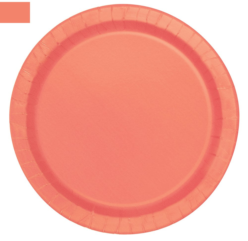Large coral-colored round paper plate with a slightly raised, textured rim.