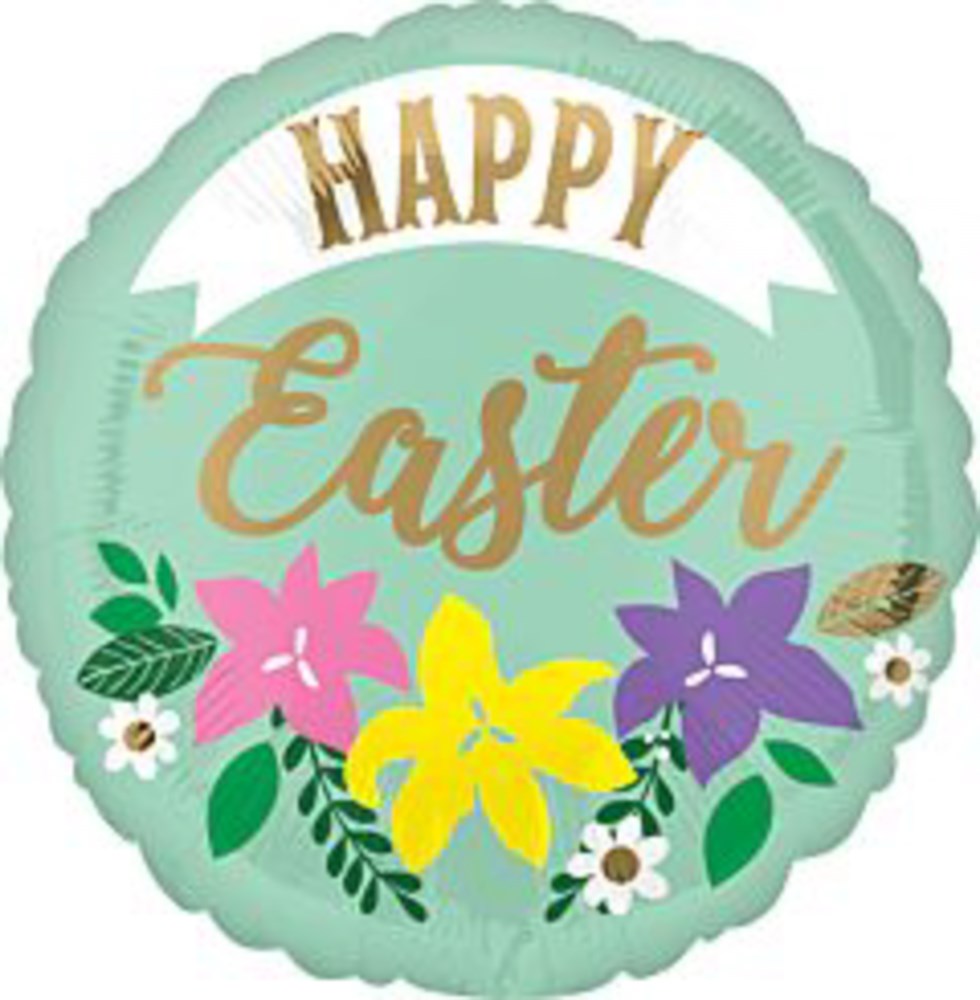 Round mint green foil balloon with gold "Happy Easter" text and colorful floral designs at the bottom.