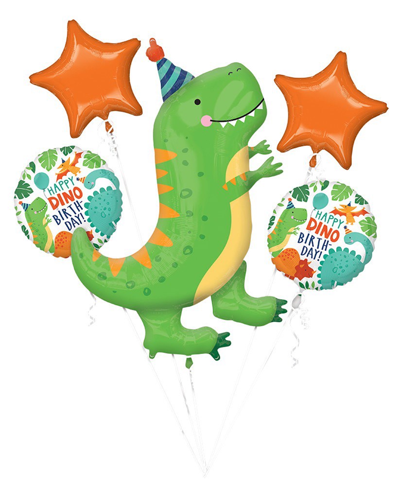Green dinosaur foil balloon wearing blue party hat with orange star and round "Dino Party" balloons in orange, white, and.