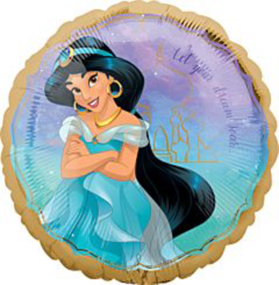 Round foil balloon featuring Disney Jasmine in a turquoise dress with a golden scalloped edge and castle silhouette.