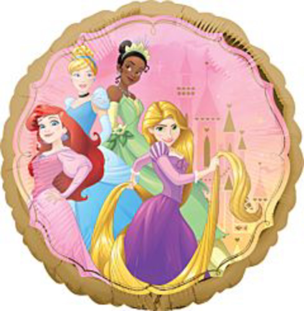 Round foil balloon with scalloped gold edge featuring Disney princesses Ariel, Cinderella, Tiana, and Rapunzel on a pink.