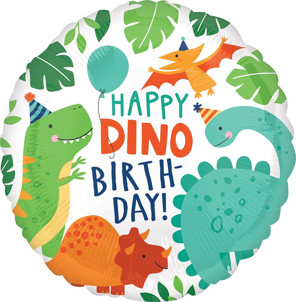 Round foil balloon with green and orange cartoon dinosaurs wearing party hats, surrounded by green tropical leaves, and text