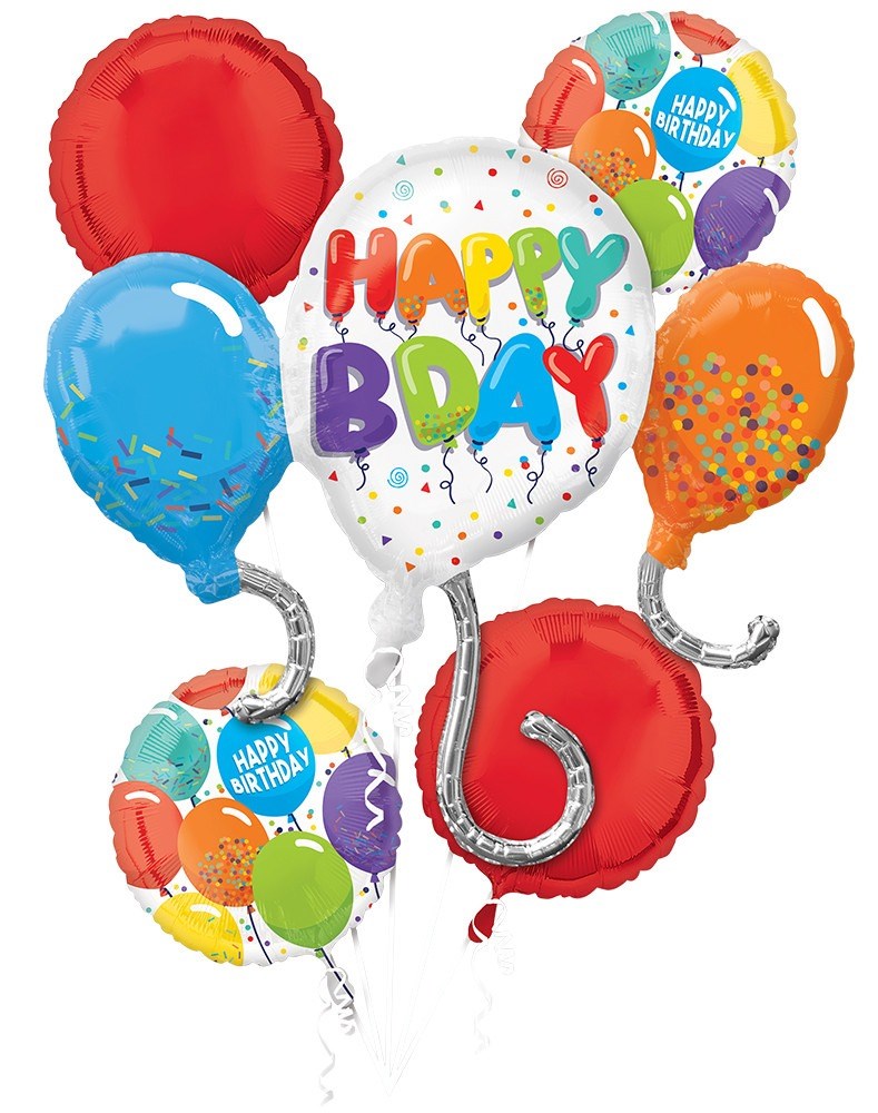Colorful balloon bouquet with red, blue, orange, and multicolored balloons, including a large white "Happy BDay" balloon and