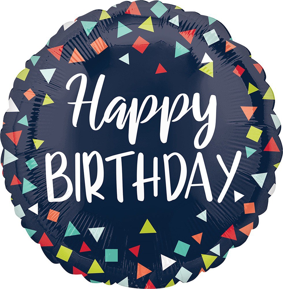 Round navy blue foil balloon with colorful confetti triangles and "Happy Birthday" in white script.