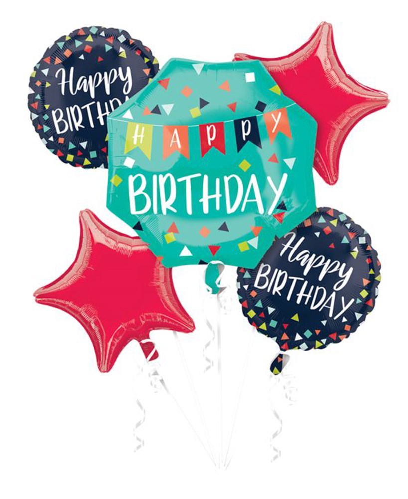 Colorful foil balloon bouquet with two red star-shaped balloons, two round black balloons with "Happy Birthday" text, and a.
