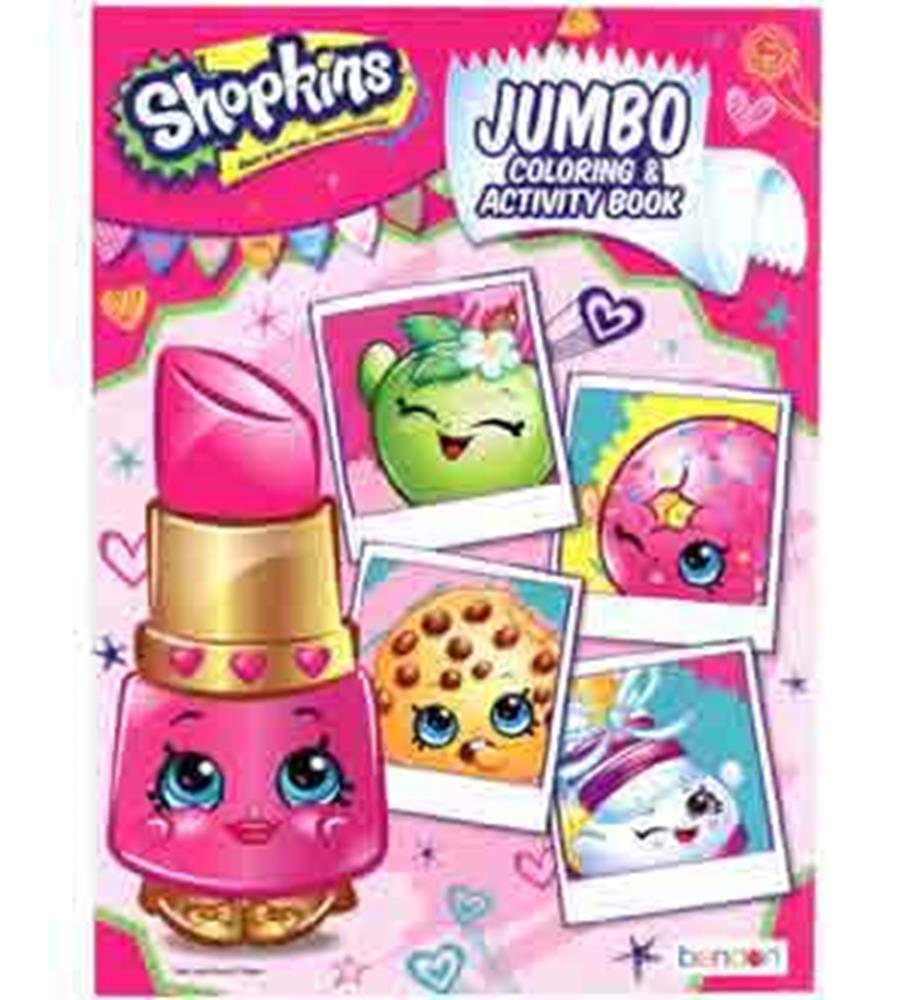 Shopkins Jumbo coloring and activity book with pink lipstick character and colorful cartoon food illustrations on cover.