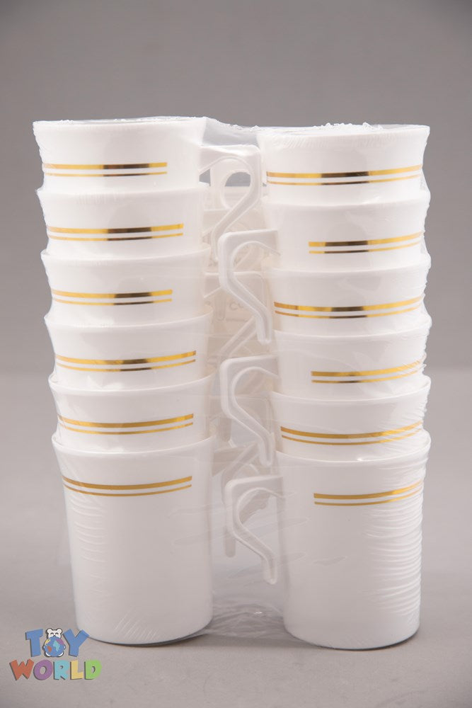 Stack of white ceramic coffee mugs with gold rim and simple gold stripes, 8oz size, arranged in two vertical columns with.