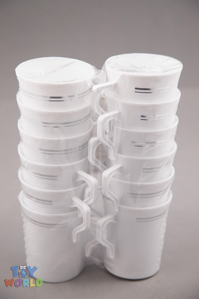 Set of white ceramic coffee mugs with clear handles and thin silver rims, stacked in two columns.