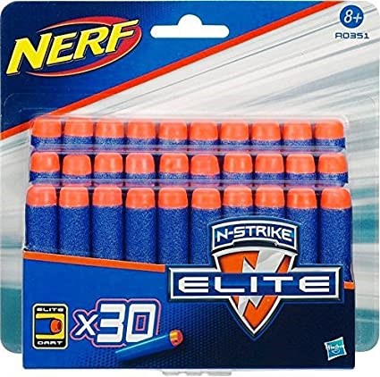 Thirty blue foam Nerf Elite darts with orange tips in blister pack packaging.