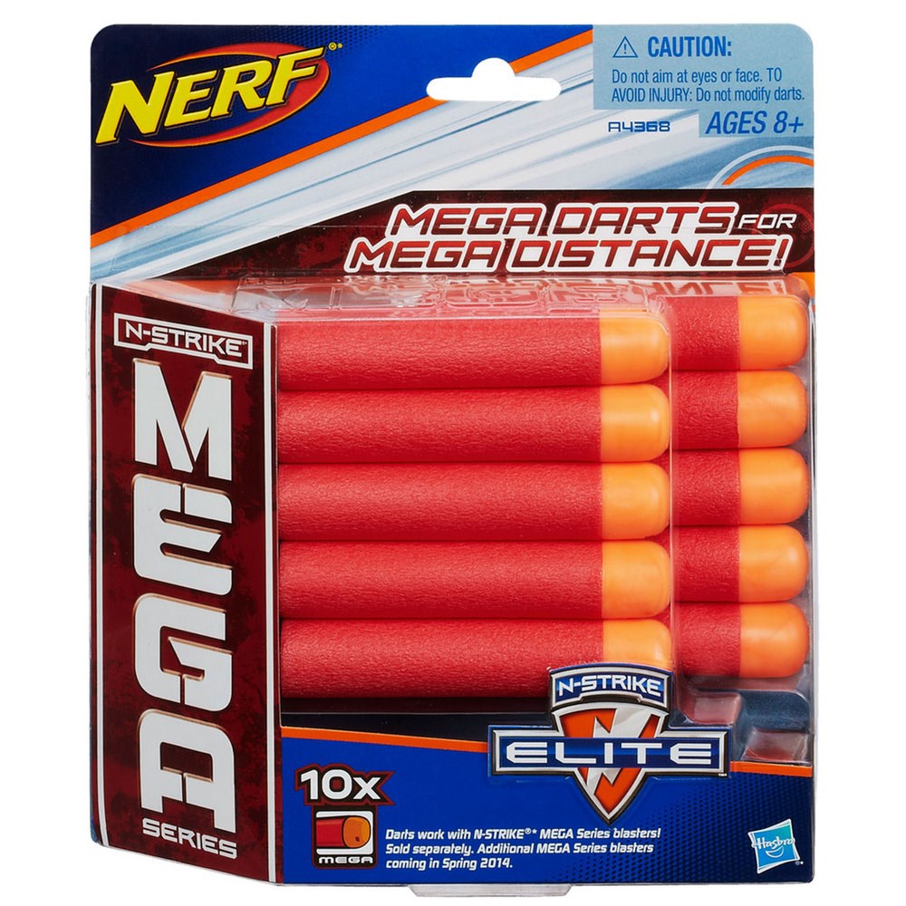 Pack of 10 red Nerf NStrike Elite Mega darts with bright orange tips in clear plastic packaging.