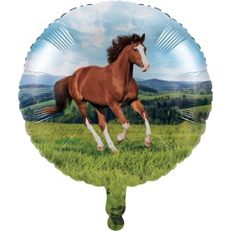 Round metallic balloon with a running brown horse against a blue sky and green grassy field background.
