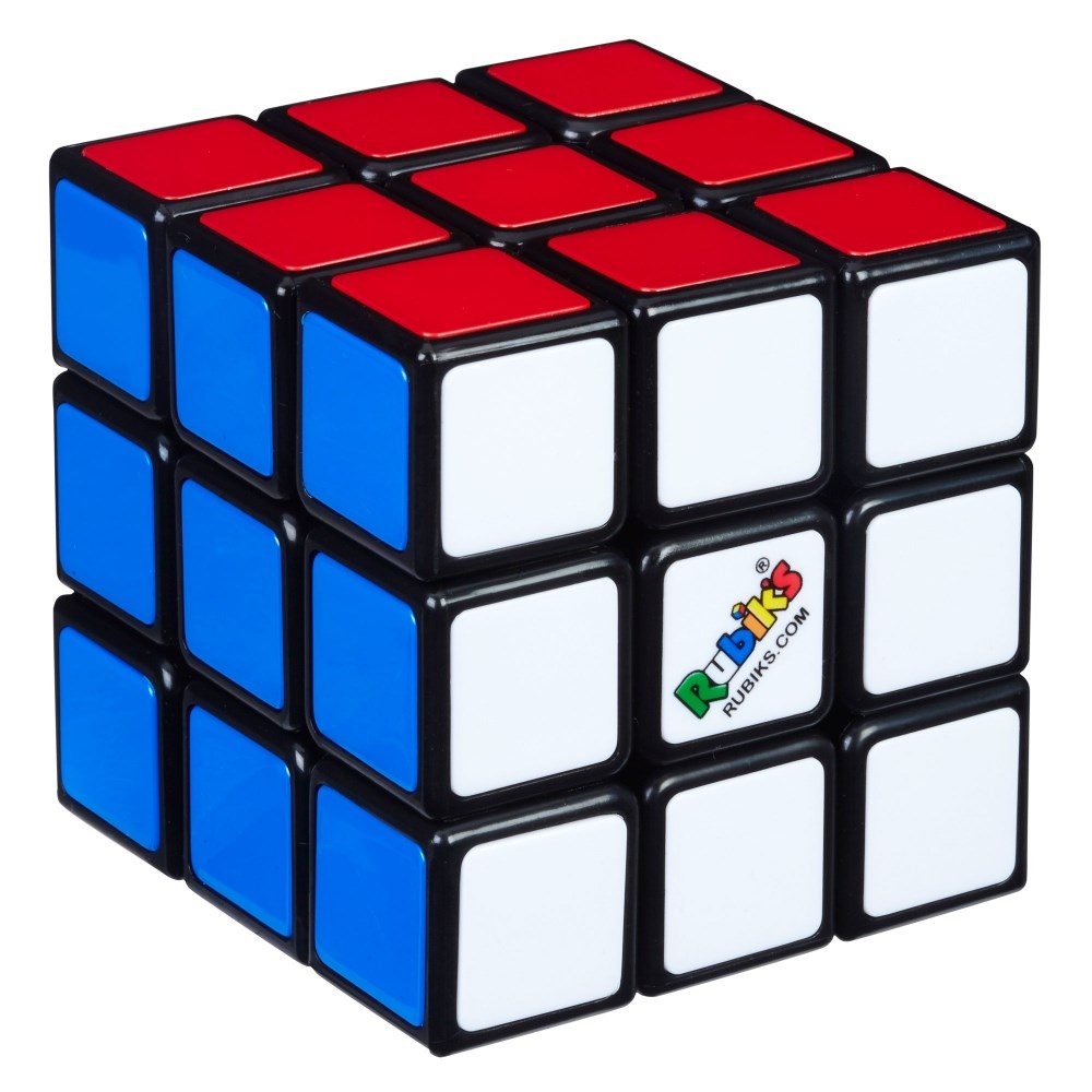3x3 Rubik's Cube puzzle with red, white, and blue stickers on black plastic tiles.