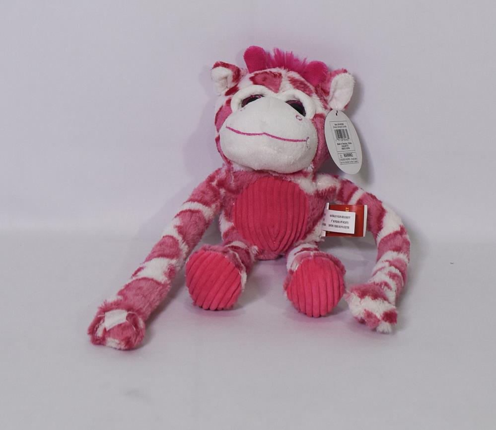 Soft plush giraffe toy in pink and white with exaggerated long arms, smiling face, and textured fabric limbs.