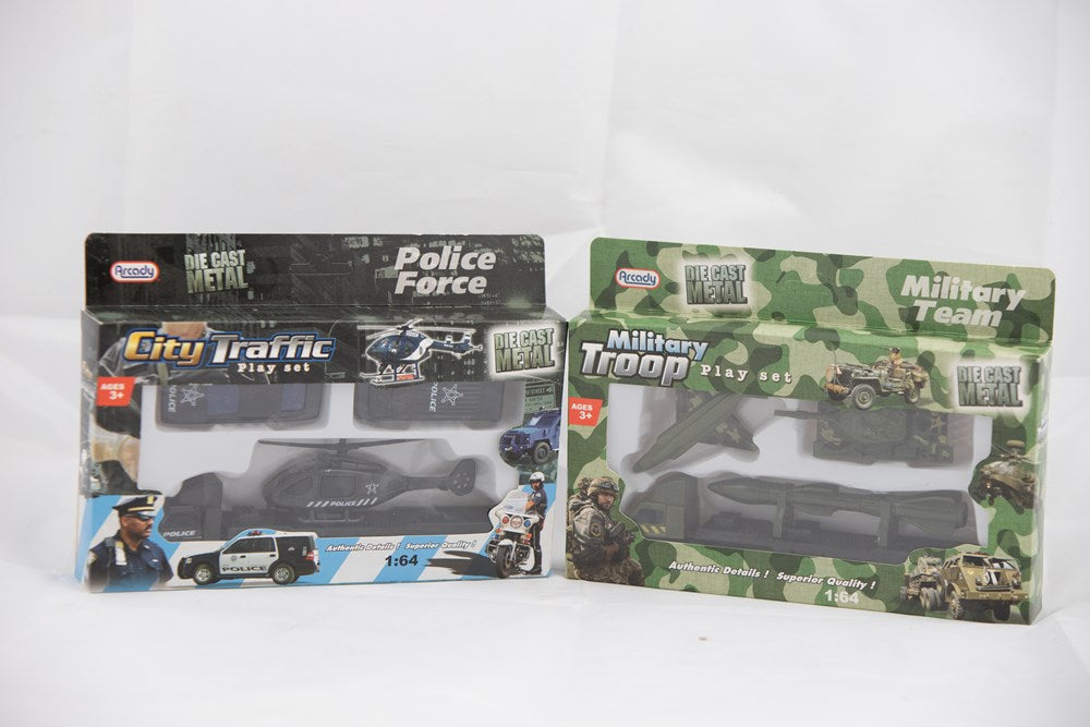 Set of four die cast toy vehicles with police and military designs in blister packaging.